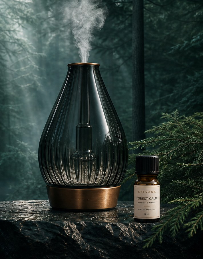 The SYLVANA cold-air nebulizing diffuser in ribbed glass and brass, releasing a fine mist on wet stone beside a 10ml amber oil bottle, in a misty old-growth forest.