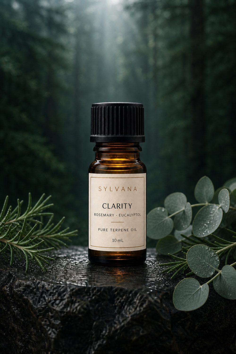 Clarity terpene oil in an amber bottle on wet dark stone with rosemary and eucalyptus, misty forest behind.