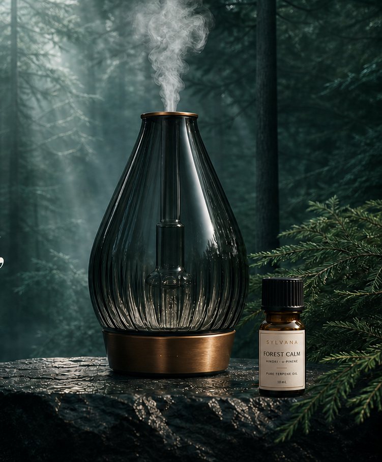 The SYLVANA cold-air nebulizing diffuser in glass and brass, releasing a fine mist beside a 10ml oil bottle on wet stone in a forest.