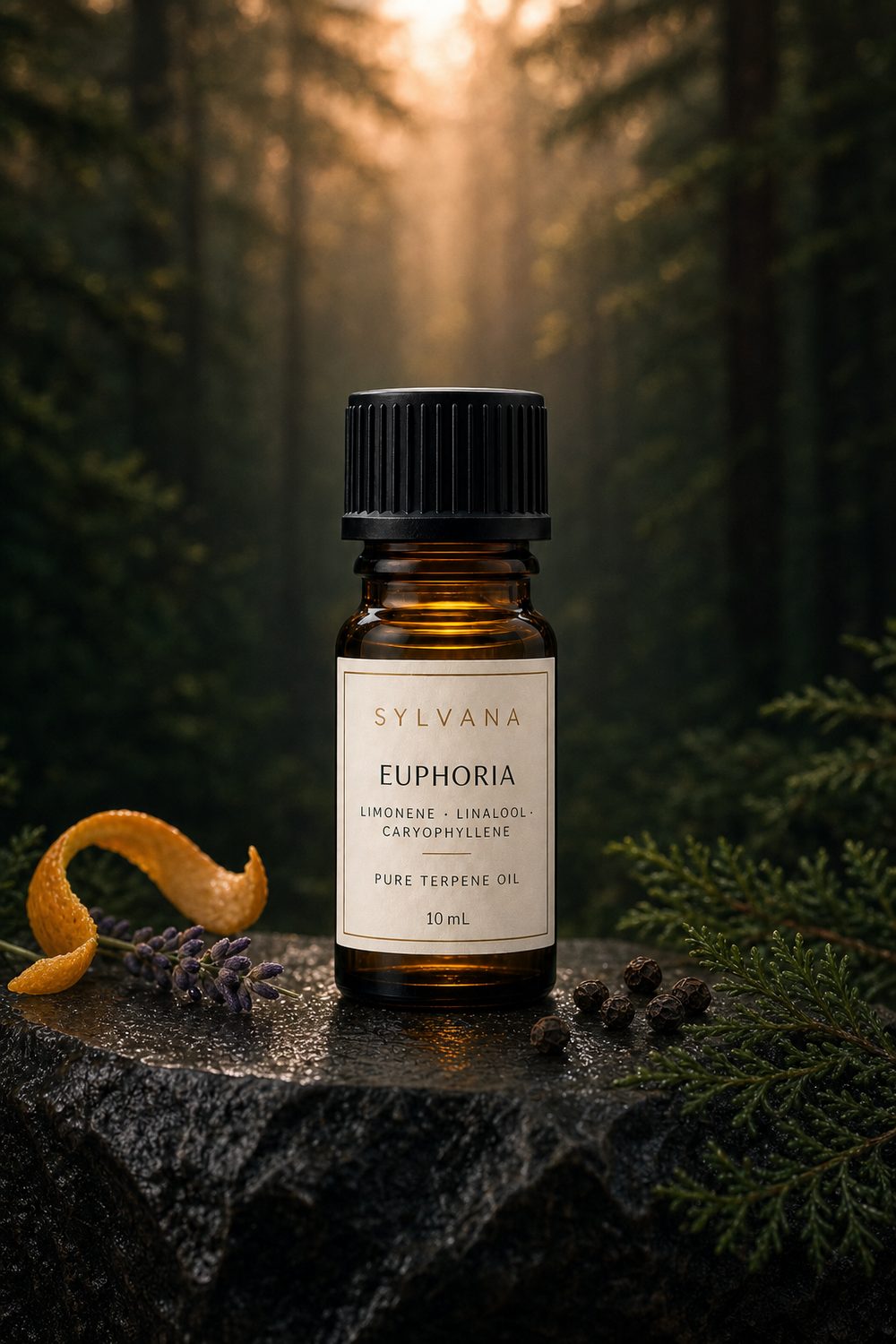 Euphoria terpene oil in an amber bottle on wet dark stone with orange peel and lavender, golden forest light behind.
