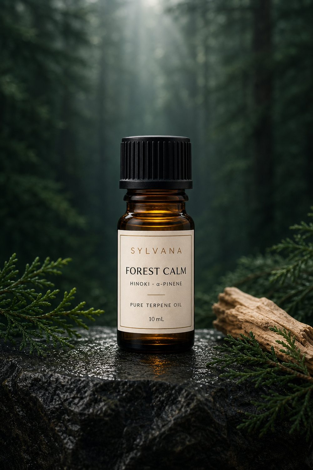 Forest Calm terpene oil in an amber bottle on wet dark stone with cedar foliage, misty old-growth forest behind.