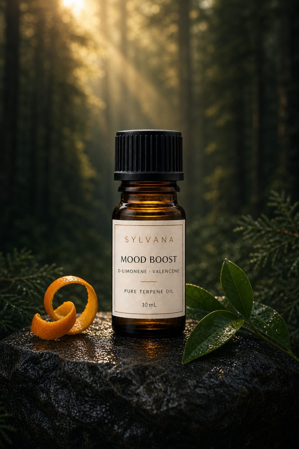 Mood Boost terpene oil in an amber bottle on wet dark stone with orange peel, sunlit forest behind.