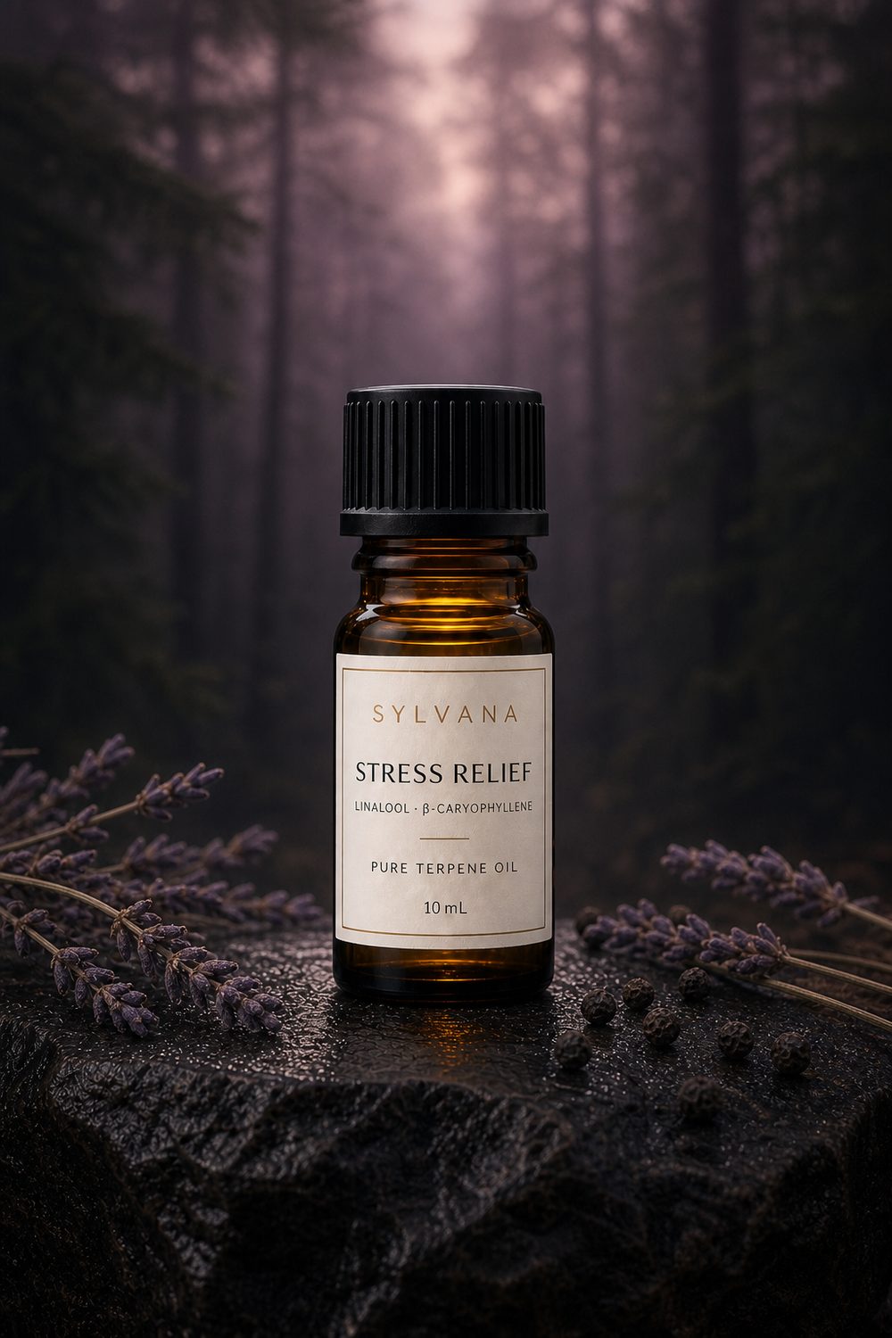 Stress Relief terpene oil in an amber bottle on wet dark stone with dried lavender and peppercorns, dusk forest behind.